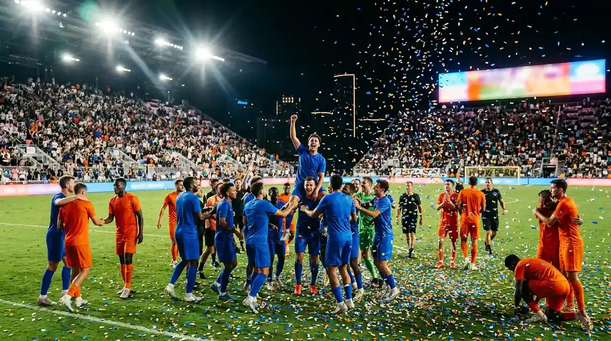 Deux équipes réagissent sur une pelouse illuminée à Miami après un match riche en buts, confettis et lumières