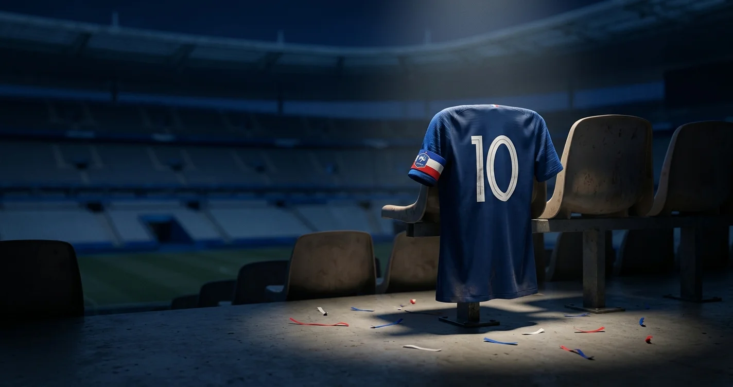 Drapeau français en berne au-dessus d'un stade à moitié vide après une élimination en demi-finale