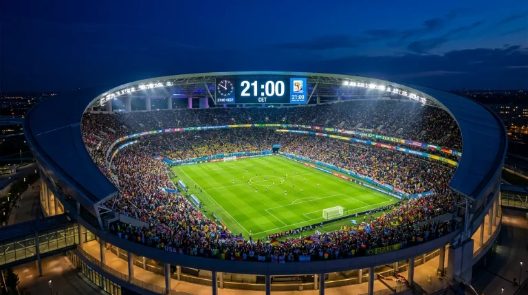 Stade de football illuminé la nuit avec horloge affichant l'heure belge