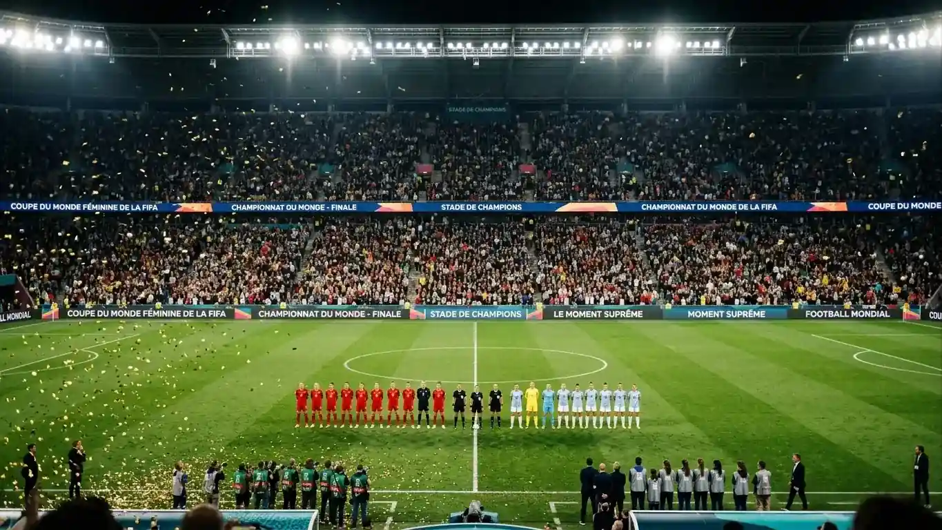 Deux équipes alignées au centre d'un stade plein et illuminé avant la finale, confettis dorés dans l'air