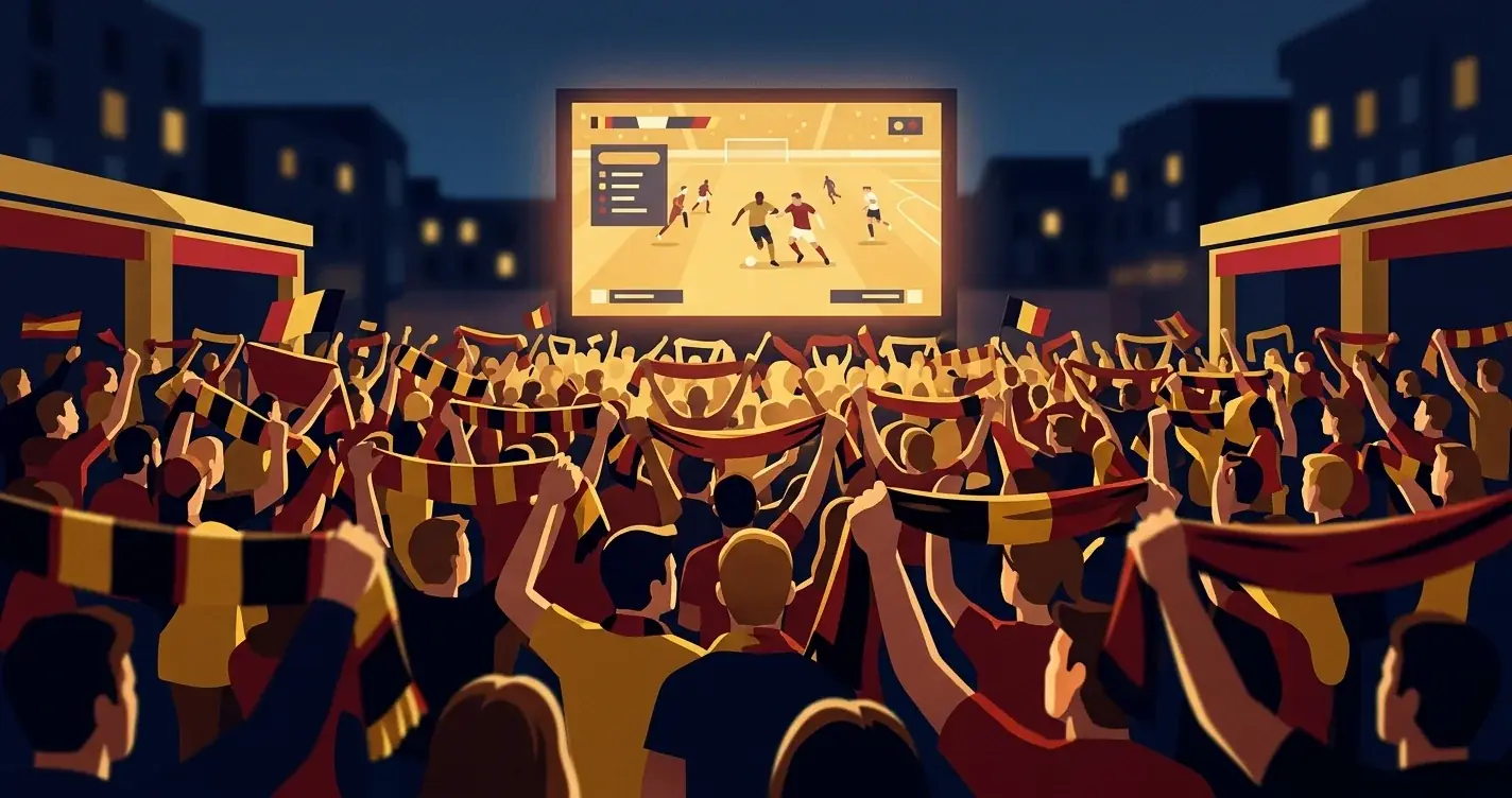 Illustration des supporters belges massés devant un écran, ambiance rouge et or en soirée