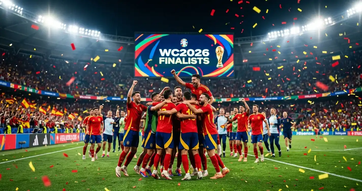 Joueurs espagnols célébrant une qualification en finale, confettis rouges et jaunes autour d'eux