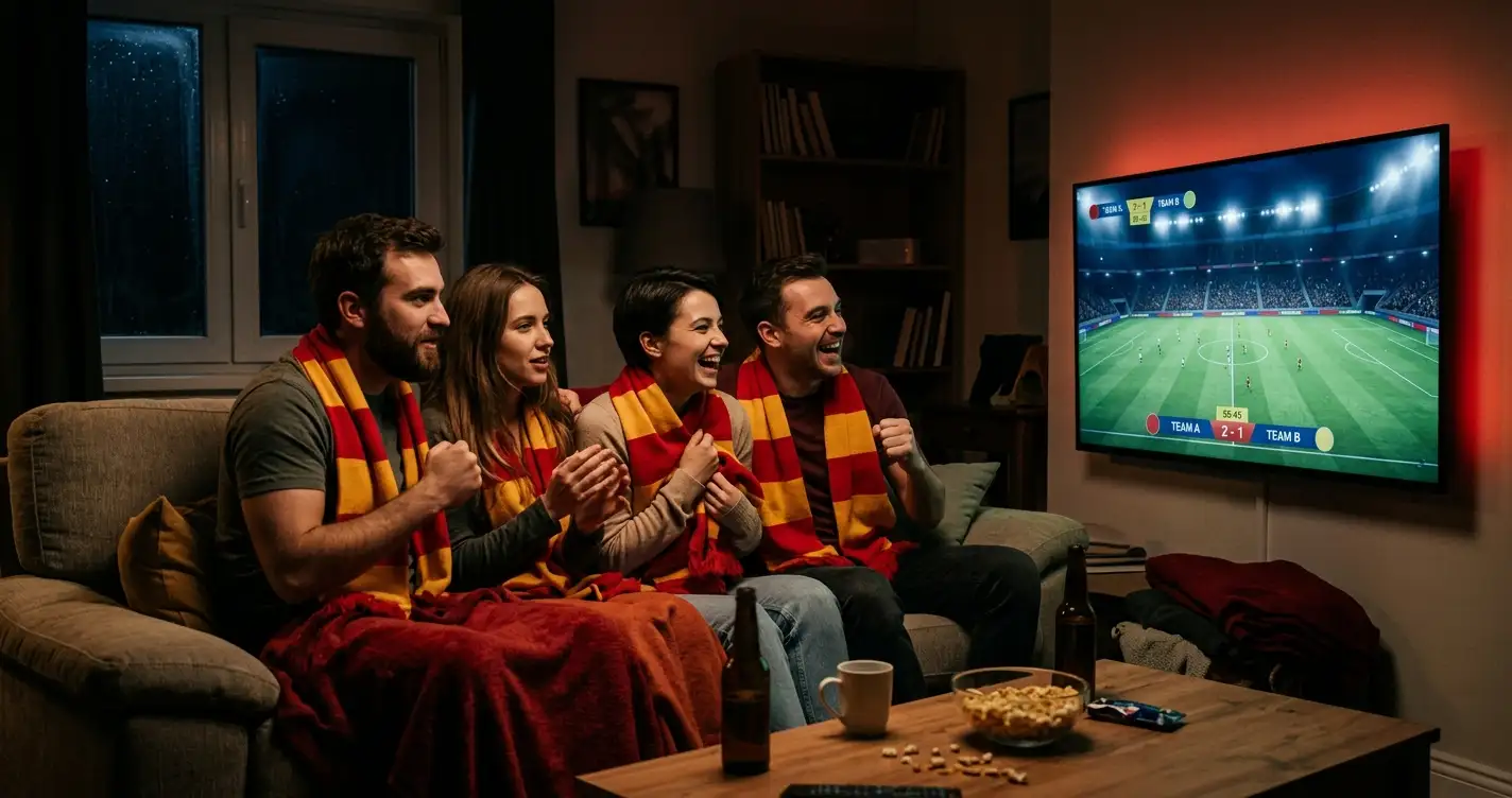 Illustration des supporters belges suivant le match en pleine nuit, ambiance rouge et or