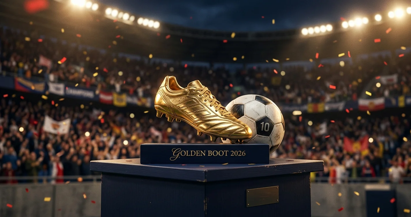 Vue stylisée d'un Soulier d'Or miniature posé sur un ballon de football, lumière dorée