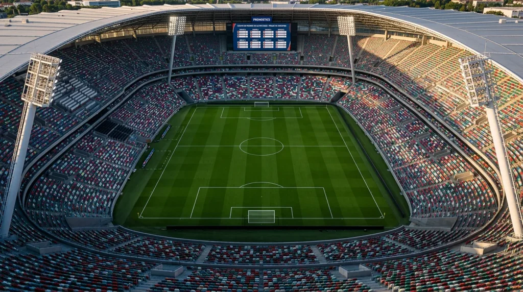 Tableau des 12 groupes de la Coupe du Monde 2026 sur fond de stade de football