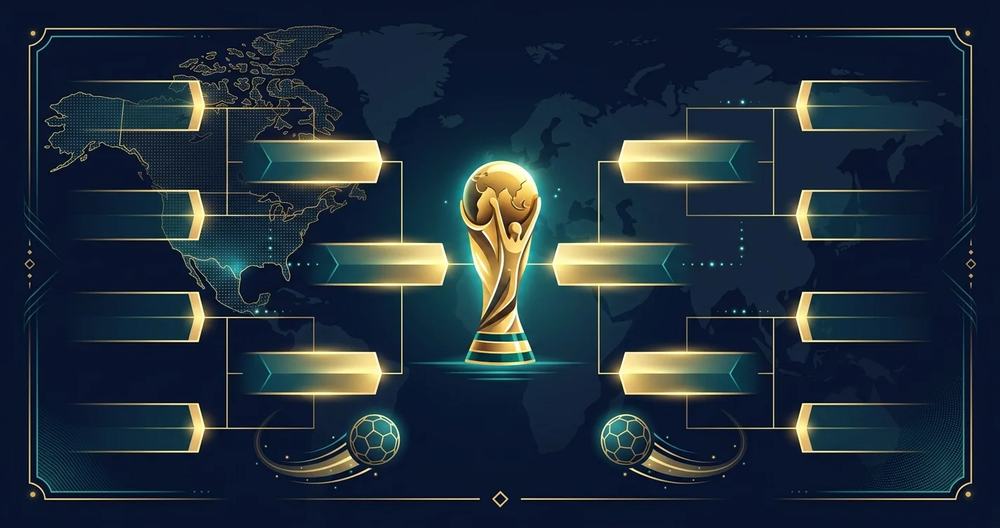 Illustration éditoriale du tableau des quarts de finale du Mondial 2026, trophée et ballons stylisés