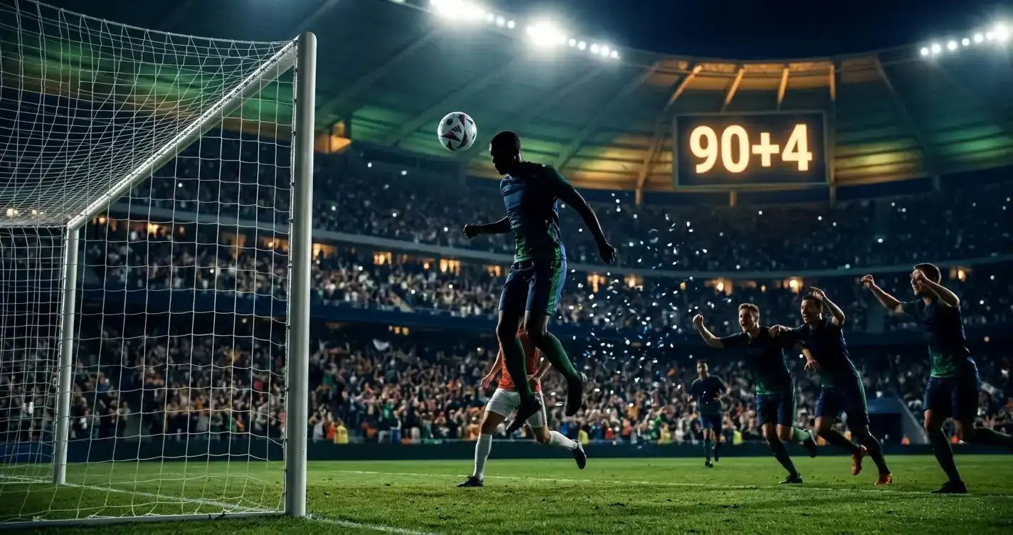 Illustration éditoriale du drame des seizièmes de finale du Mondial 2026, un attaquant marquant dans le temps additionnel sous les projecteurs