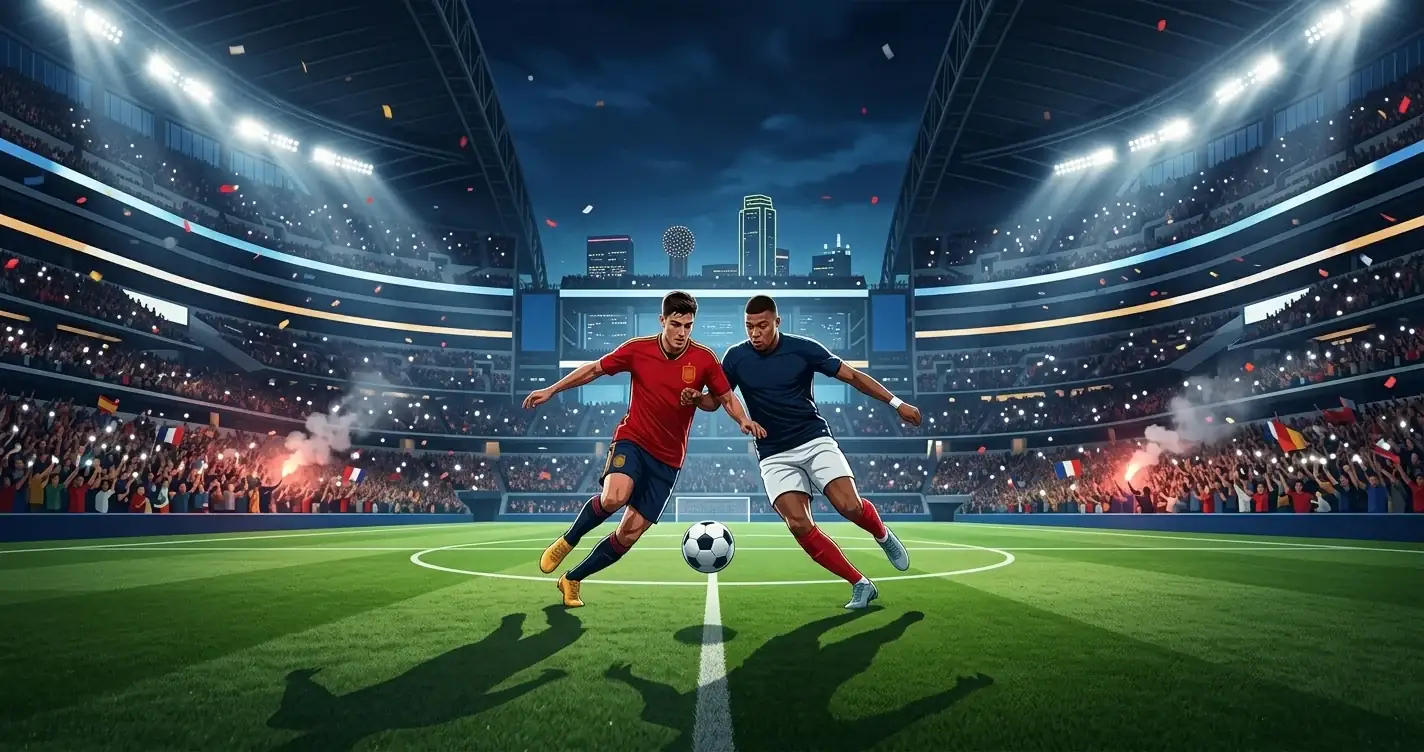 Ambiance du AT&T Stadium lors de la demi-finale Espagne-France, deux joueurs au duel sous les projecteurs