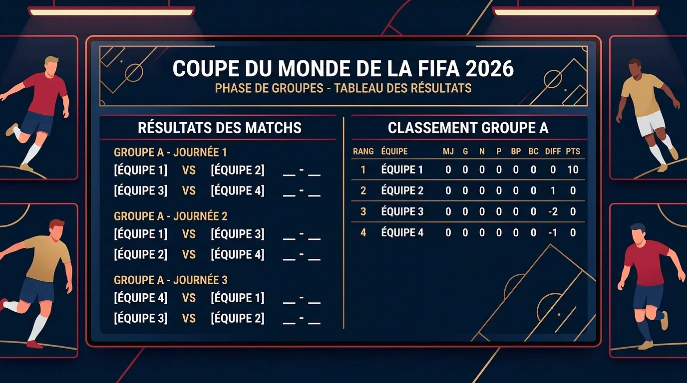Tableau récapitulatif des résultats de la phase de groupes du Mondial 2026 avec les scores des dernières rencontres