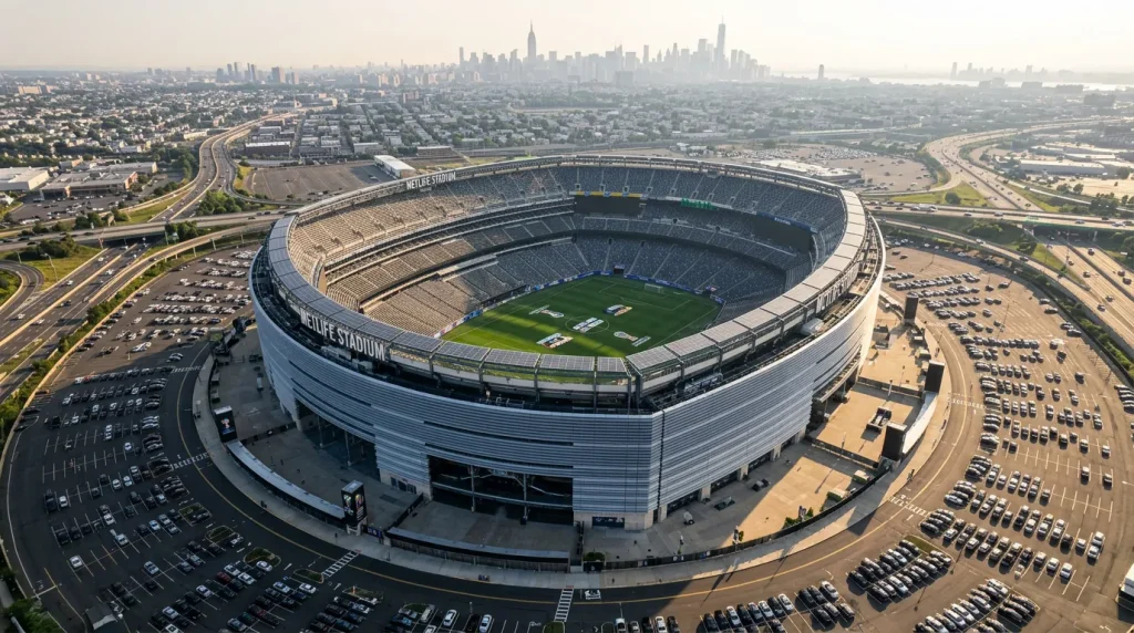 Vue aérienne du MetLife Stadium à East Rutherford, lieu de la finale de la Coupe du Monde 2026