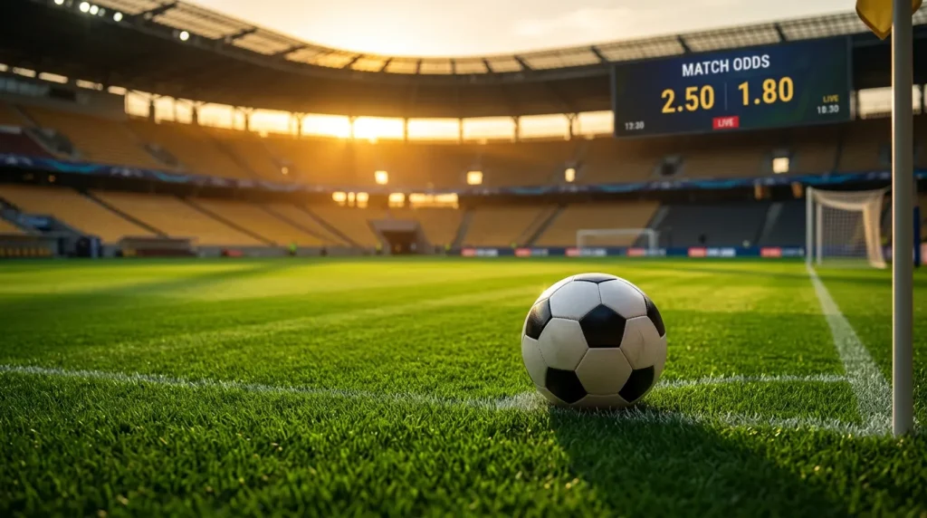 Terrain de football avec ballon et écran affichant différents types de paris sportifs