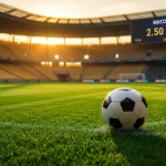 Terrain de football avec ballon et écran affichant différents types de paris sportifs